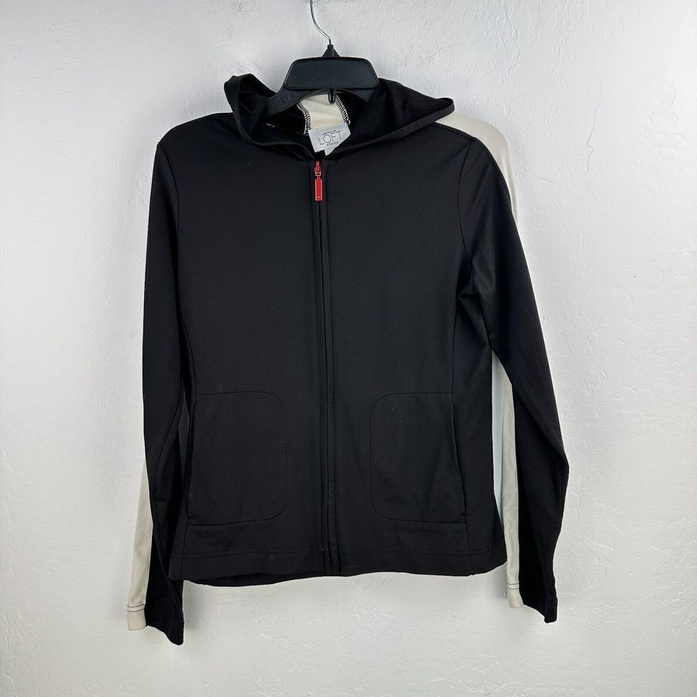Ann Taylor Loft Jacket Womens Medium Black Cream Nylon Stretch Full Zip Hoodie